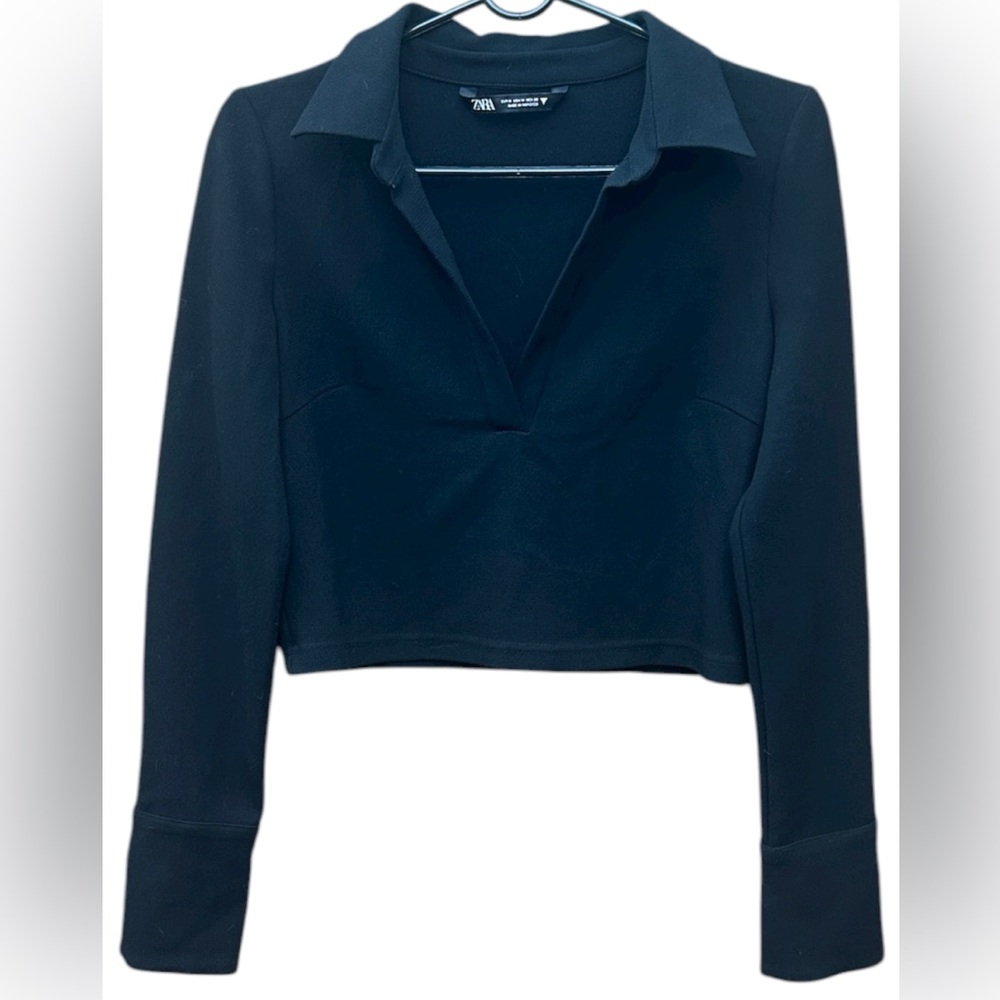 ZARA NWOT Women’s Black Long Sleeves V-neck Collared Cropped Blouse Top Size:M